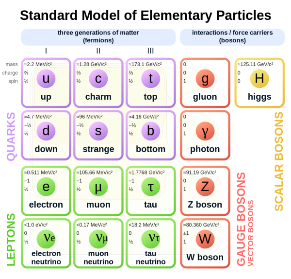 Six of the particles in the Standard Model are quarks (shown in purple). Each of the first three columns forms a generation of matter.